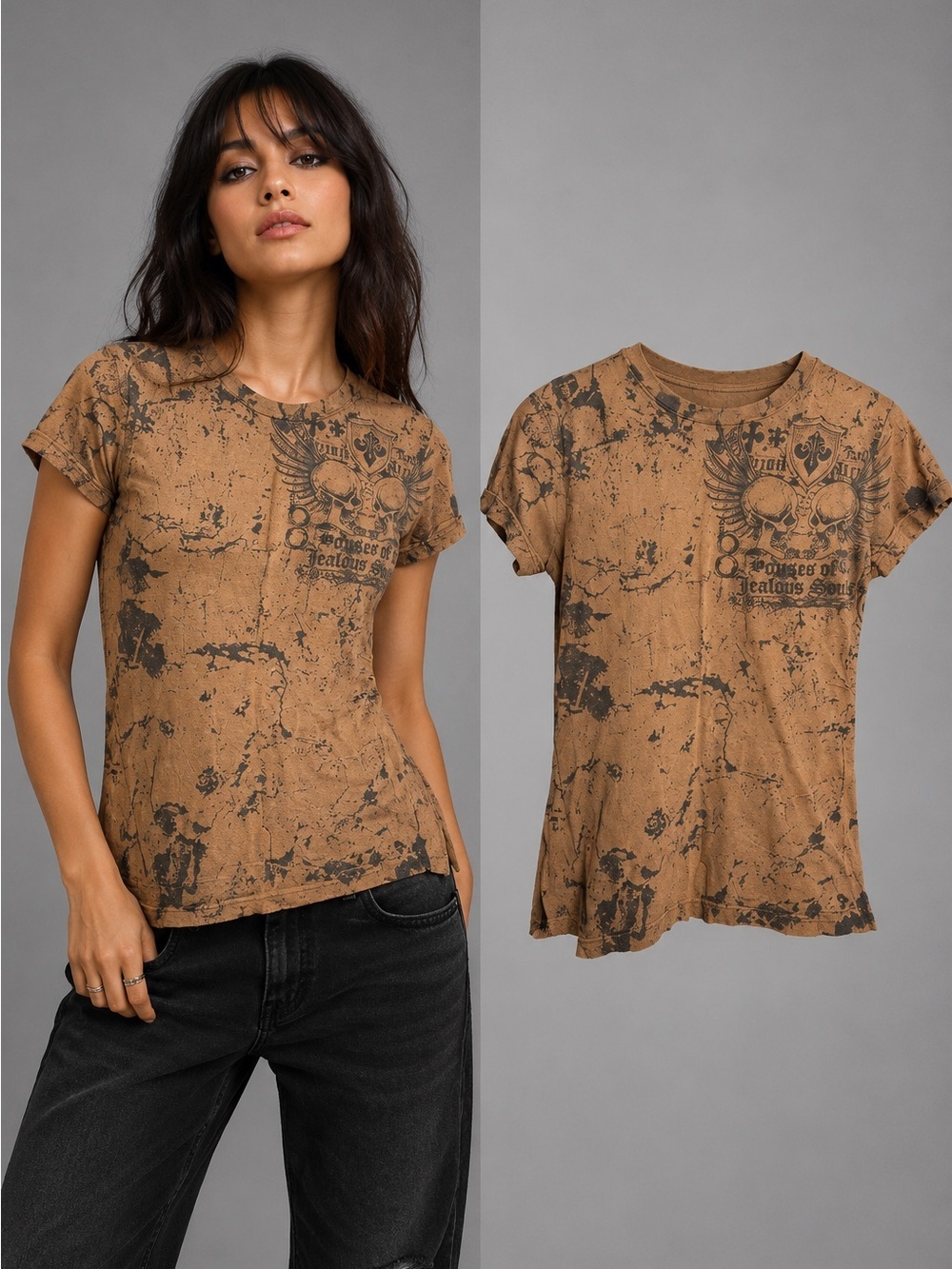 Affliction | Brown Skull Graphic | Grunge Y2K Goth Distressed Tee | Size Medium
